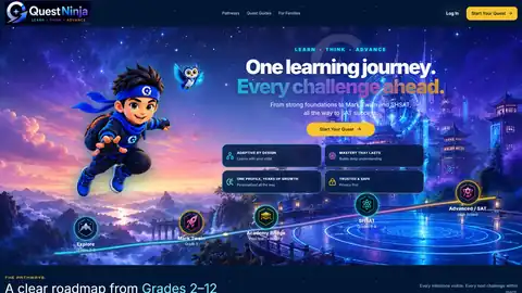QuestNinja landing page showing its adaptive learning pathway interface and progression stages