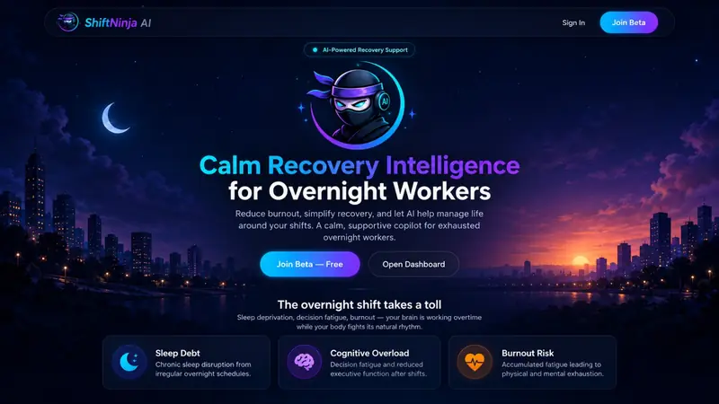 ShiftNinja AI landing page showing AI-powered recovery support for overnight workers